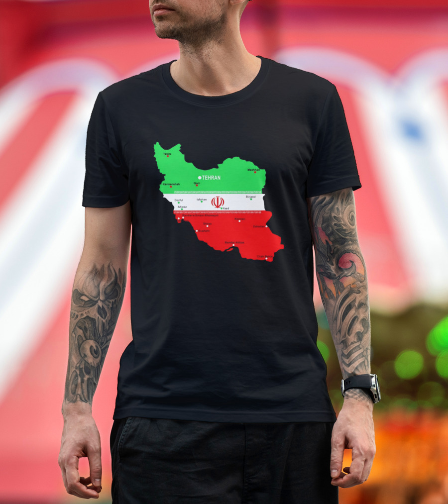 Iran Map With Flag Tehran Tabriz Mashhad Esfahan Shiraz Yazd Cities T-Shirt