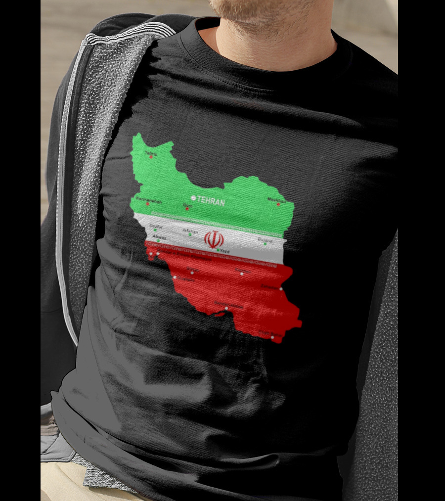 Iran Map With Flag Tehran Tabriz Mashhad Esfahan Shiraz Yazd Cities T-Shirt