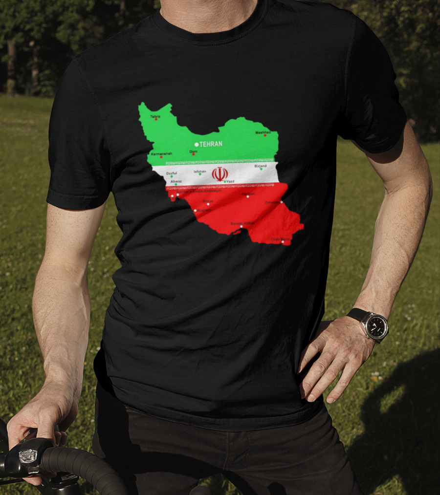 Iran Map With Flag Tehran Tabriz Mashhad Esfahan Shiraz Yazd Cities T-Shirt