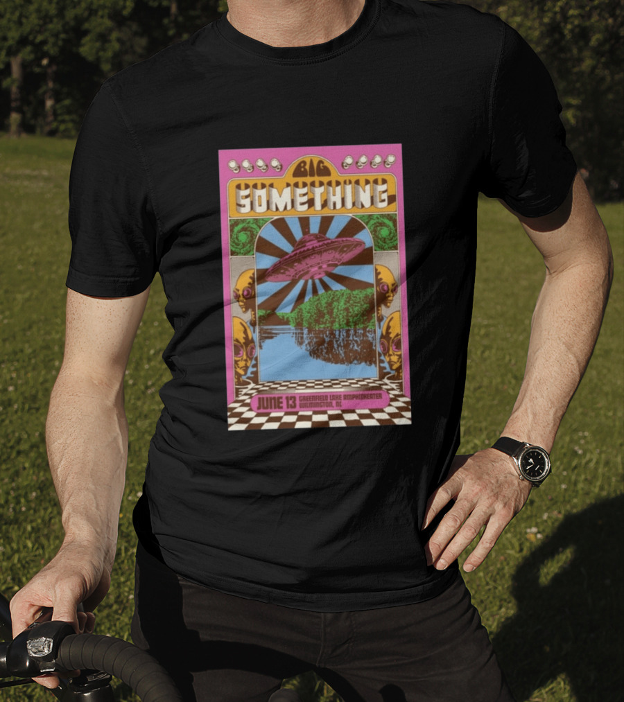 Big Something June 13 Greenfield Lake Amphitheater Wilmington NC Psychedelic With UFO Art And Alien Heads T-Shirt