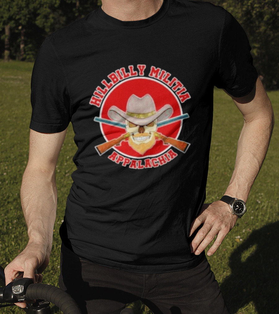 Hillbilly Militia Appalachia Skull Cowboy Hat Rifles Red Circle T-Shirt