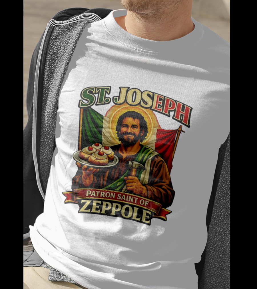 St. Joseph Patron Saint Of Zeppole With Italian Flag Icon And Halo Providing Hammer And Pastries T-Shirt
