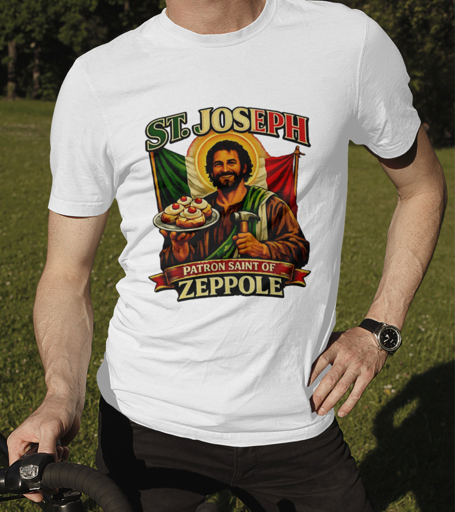 St. Joseph Patron Saint Of Zeppole With Italian Flag Icon And Halo Providing Hammer And Pastries T-Shirt