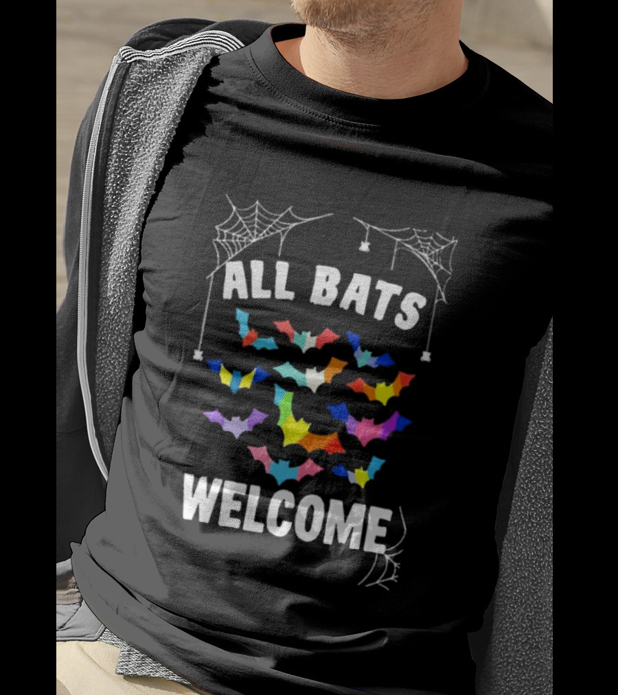 All Bats Welcome Colorful Bats And Spiderwebs T-Shirt