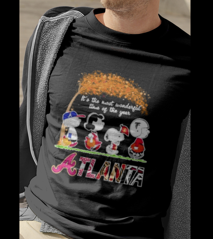 Atlanta Peanuts Characters Autumn Baseball It's The Most Wonderful Time Of The Year T-Shirt