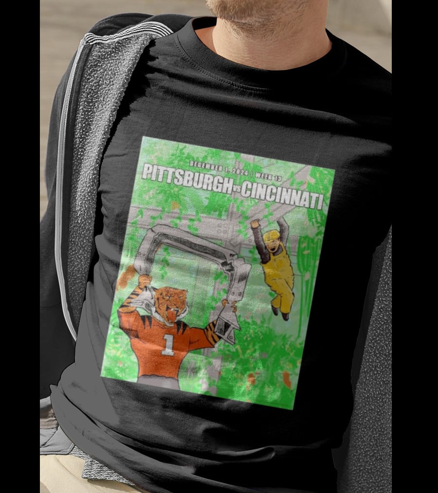 Pittsburgh Steelers Vs Cincinnati Bengals December 1 2024 Week 13 Cartoon Tiger And Construction Worker Jungle Showdown T-Shirt
