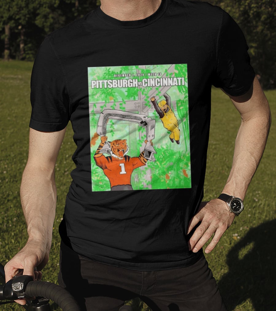 Pittsburgh Steelers Vs Cincinnati Bengals December 1 2024 Week 13 Cartoon Tiger And Construction Worker Jungle Showdown T-Shirt