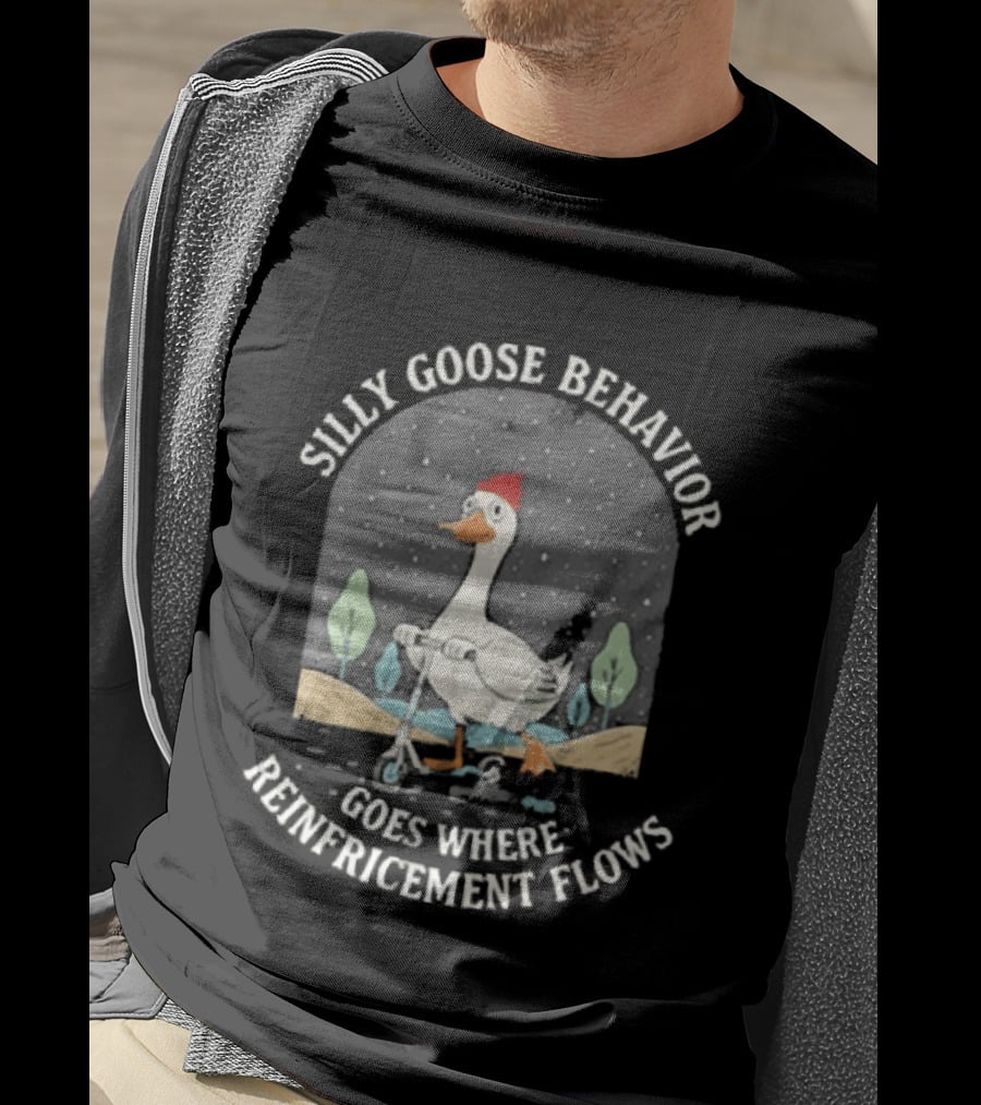 Silly Goose Behavior Goes Where Reinforcement Flows Goose Cartoon In Red Beanie Under Night Sky T-Shirt