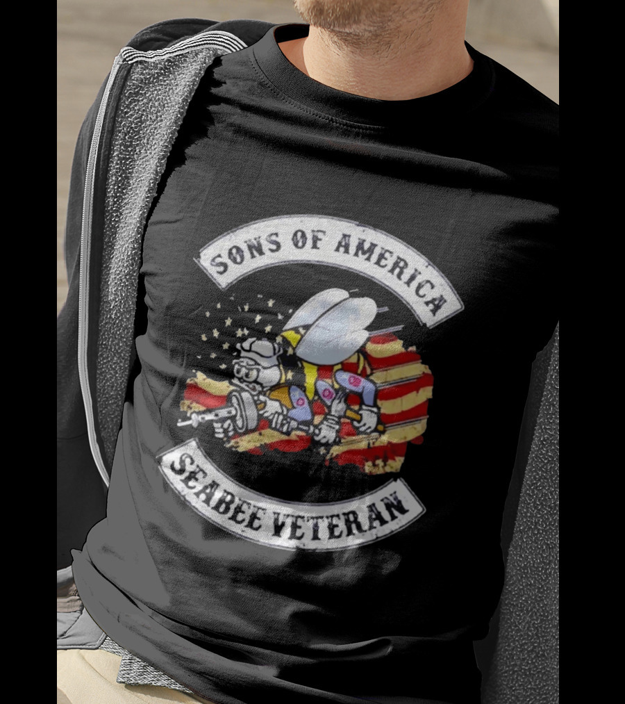 Sons Of America Seabee Veteran US Flag Military Pride T-Shirt
