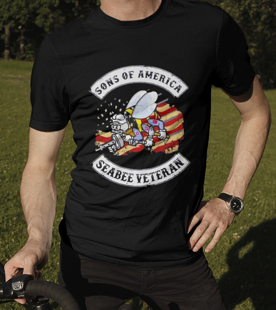 Sons Of America Seabee Veteran US Flag Military Pride T-Shirt