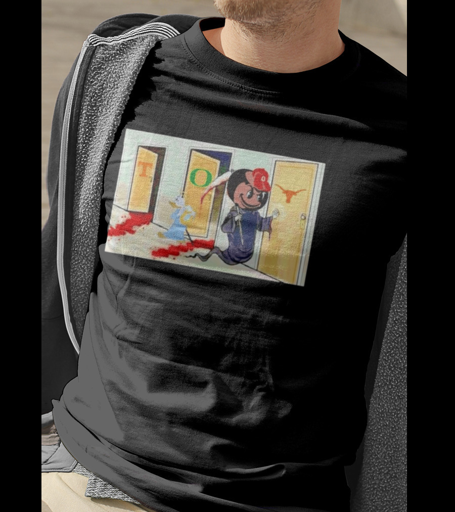 Ohio State Buckeyes Brutus Grim Reaper Knocking Texas Longhorns Door Cartoon T-Shirt