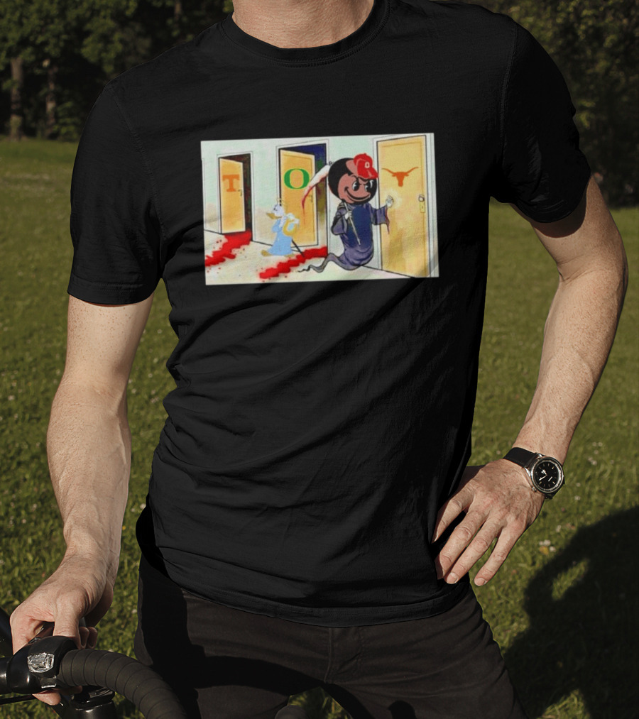 Ohio State Buckeyes Brutus Grim Reaper Knocking Texas Longhorns Door Cartoon T-Shirt