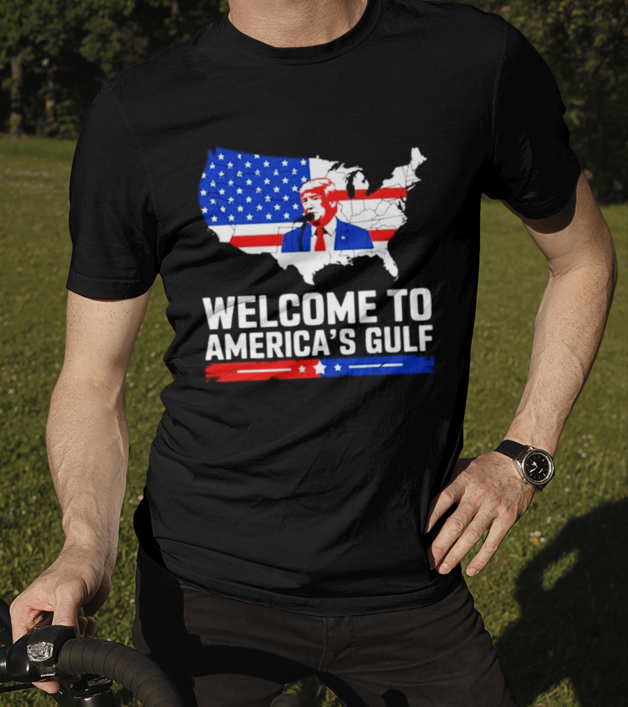 Welcome To America's Gulf Patriotic Map Featuring Trump And Stars And Stripes T-Shirt
