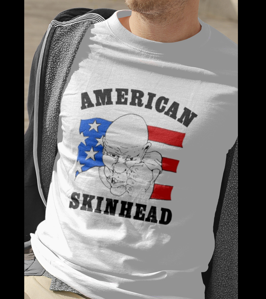 American Skinhead USA Bald Character With Flag Stars And Stripes T-Shirt