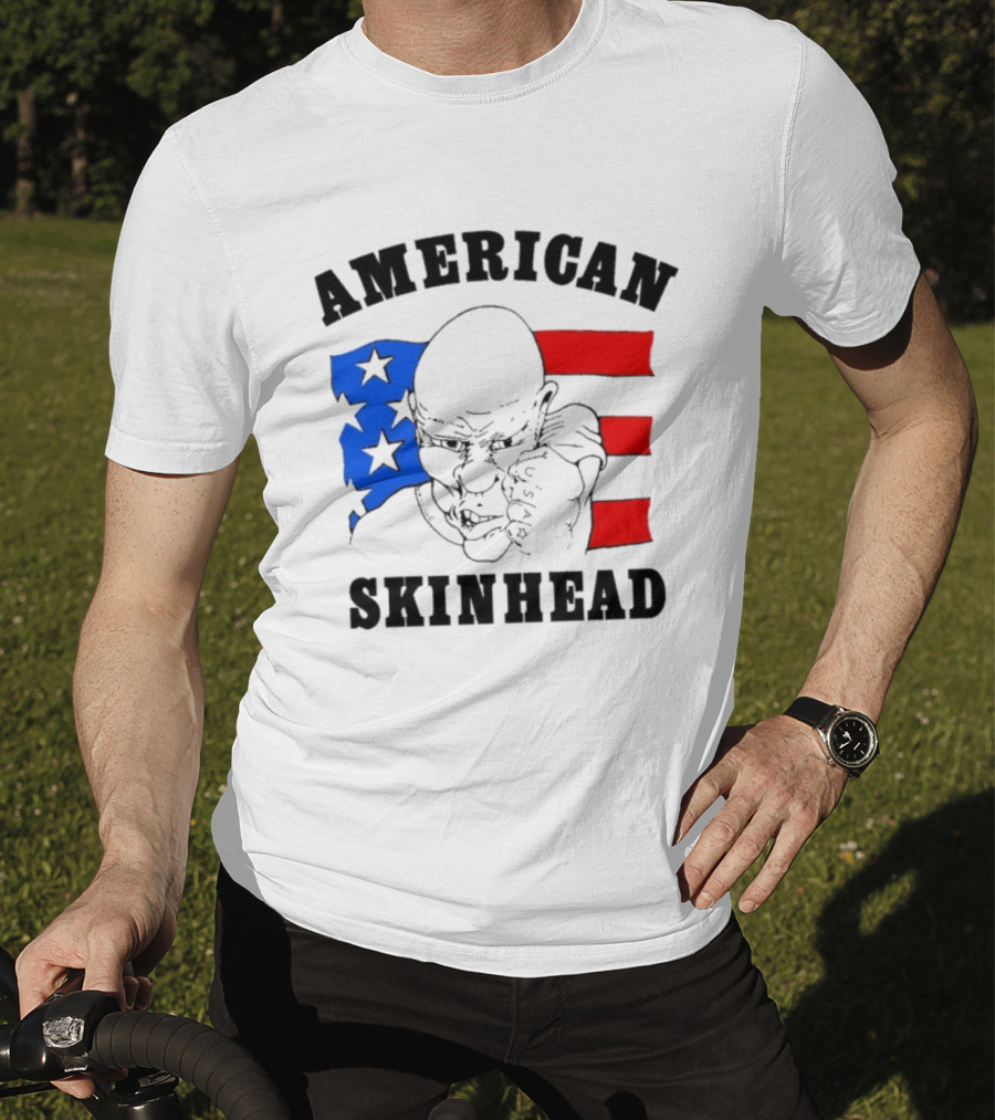 American Skinhead USA Bald Character With Flag Stars And Stripes T-Shirt