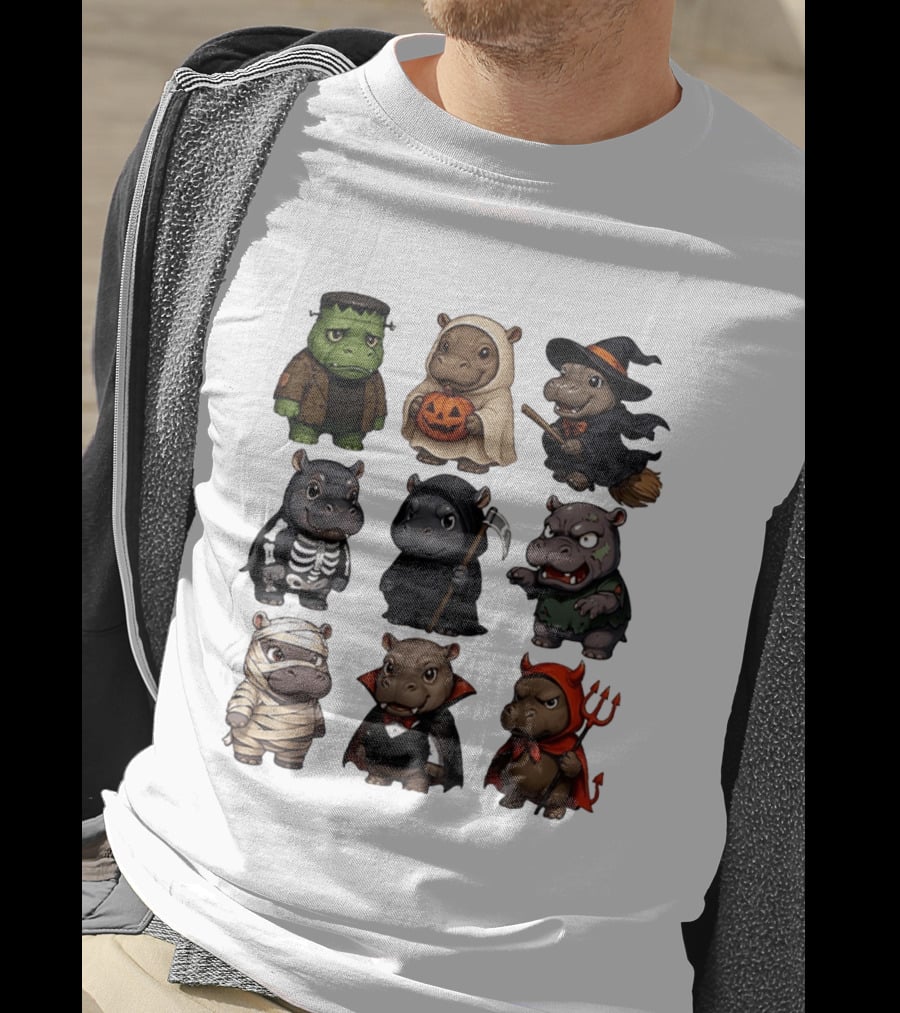 Baby Hippo Frankenstein Ghost Witch Skeleton Grim Reaper Zombie Mummy Dracula Devil Halloween 2025 T-Shirt