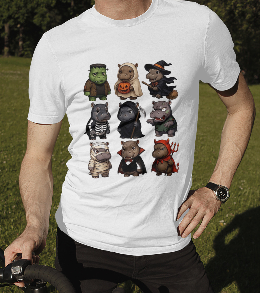 Baby Hippo Frankenstein Ghost Witch Skeleton Grim Reaper Zombie Mummy Dracula Devil Halloween 2025 T-Shirt