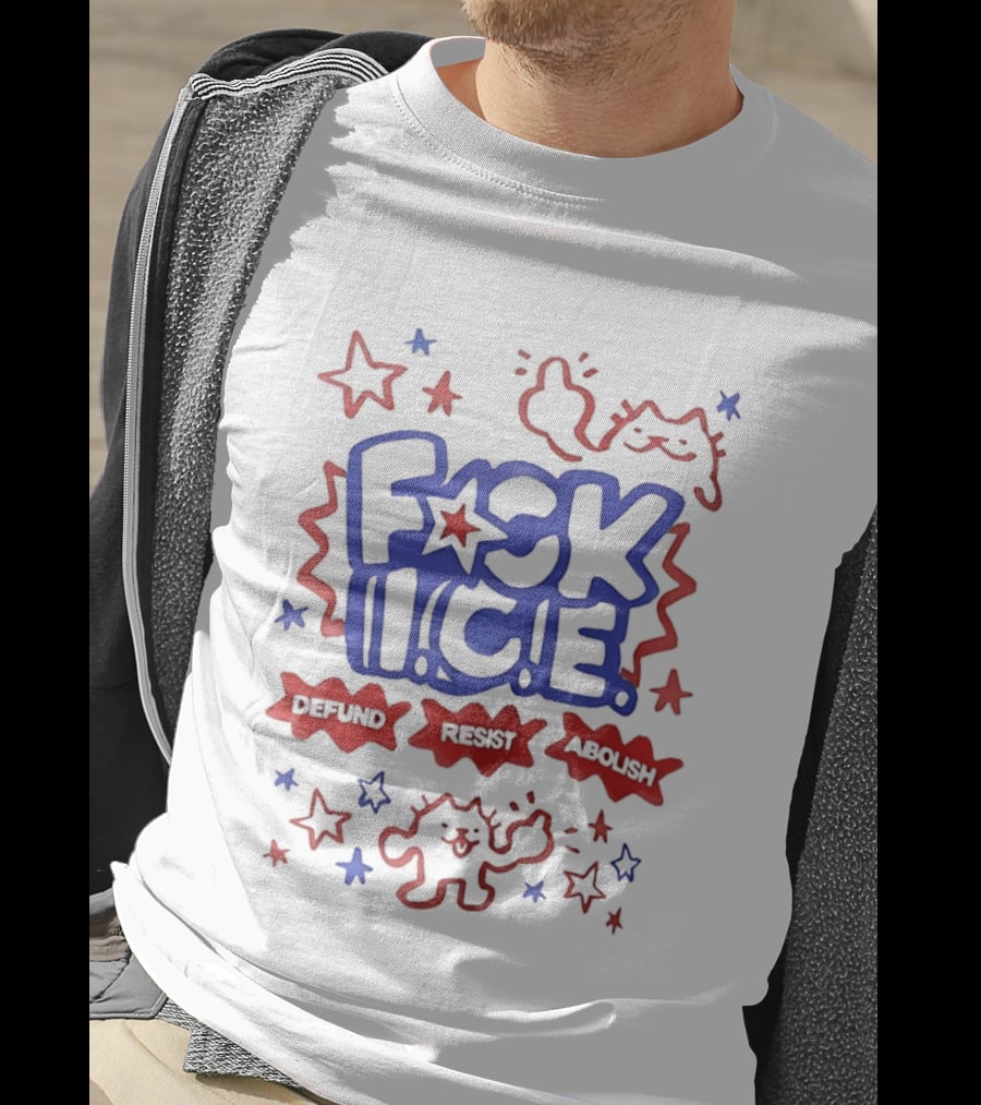 F*ck I.C.E. Defund Deport Abolish Cat Stars 1776 2026 American Flag T-Shirt