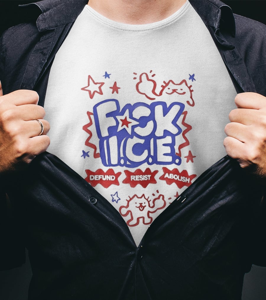 F*ck I.C.E. Defund Deport Abolish Cat Stars 1776 2026 American Flag T-Shirt
