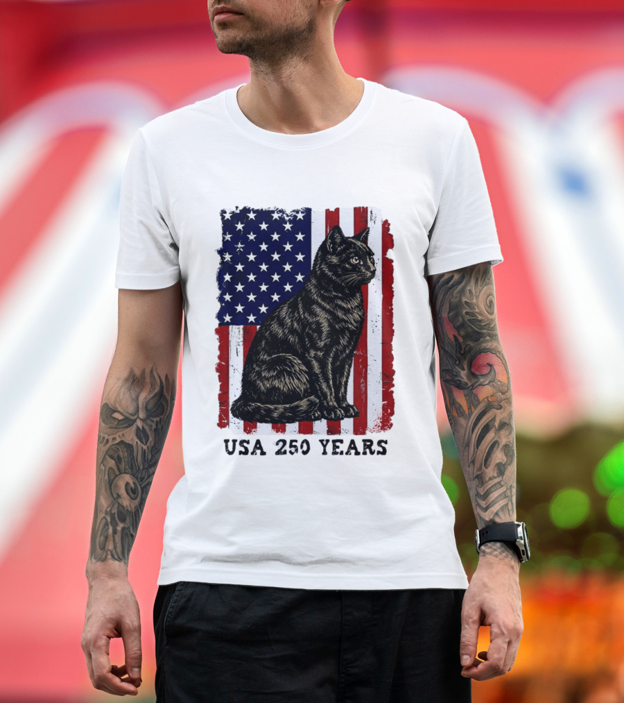 USA 250 Years Liberty Cat American Flag T-Shirt