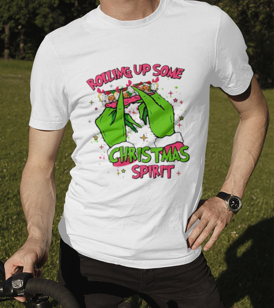 Grinch Rolling Up Some Christmas Spirit With Green Hands And Glitter Stars T-Shirt