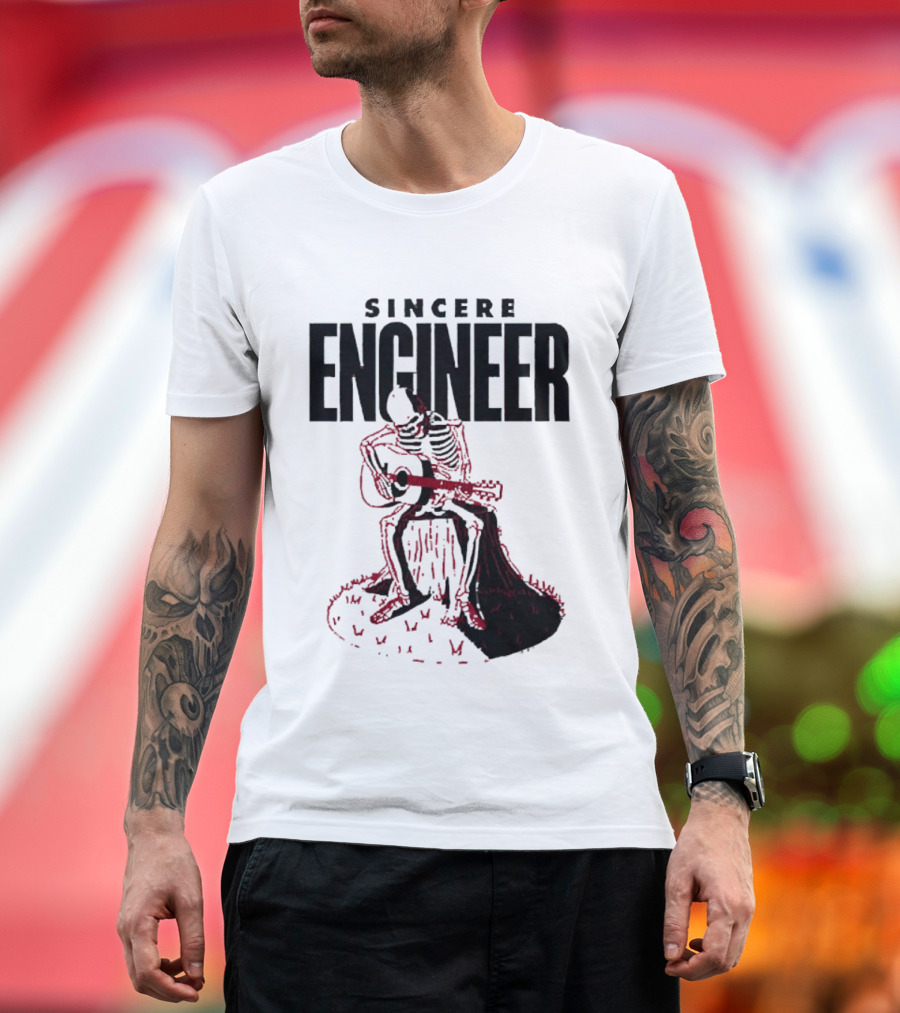 Sincere Engineer Skeleton Playing Guitar On Tree Stump T-Shirt