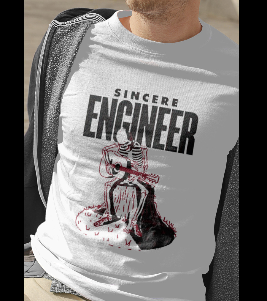 Sincere Engineer Skeleton Playing Guitar On Tree Stump T-Shirt