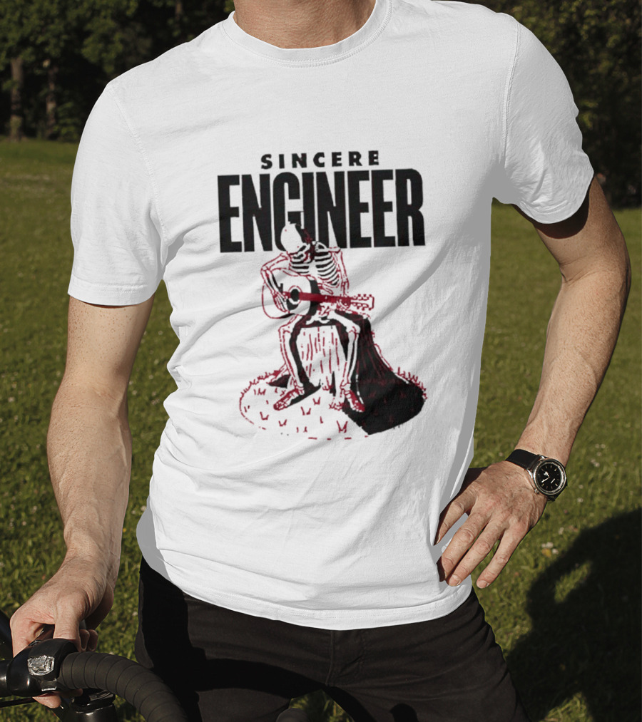 Sincere Engineer Skeleton Playing Guitar On Tree Stump T-Shirt