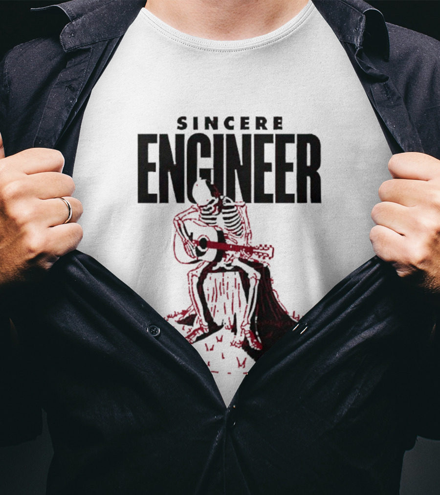 Sincere Engineer Skeleton Playing Guitar On Tree Stump T-Shirt