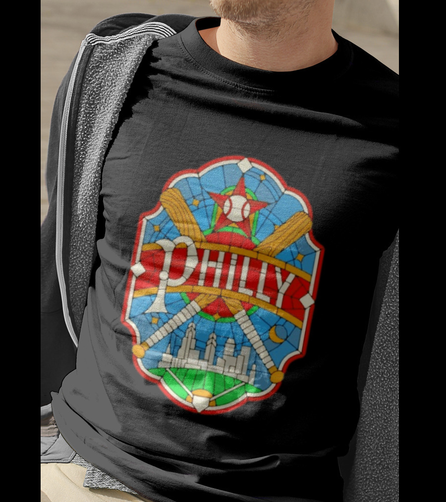Philadelphia Phillies Stained Glass Philly Skyline Baseball Star Bats T-Shirt