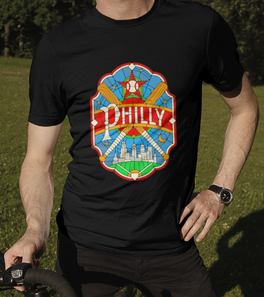 Philadelphia Phillies Stained Glass Philly Skyline Baseball Star Bats T-Shirt