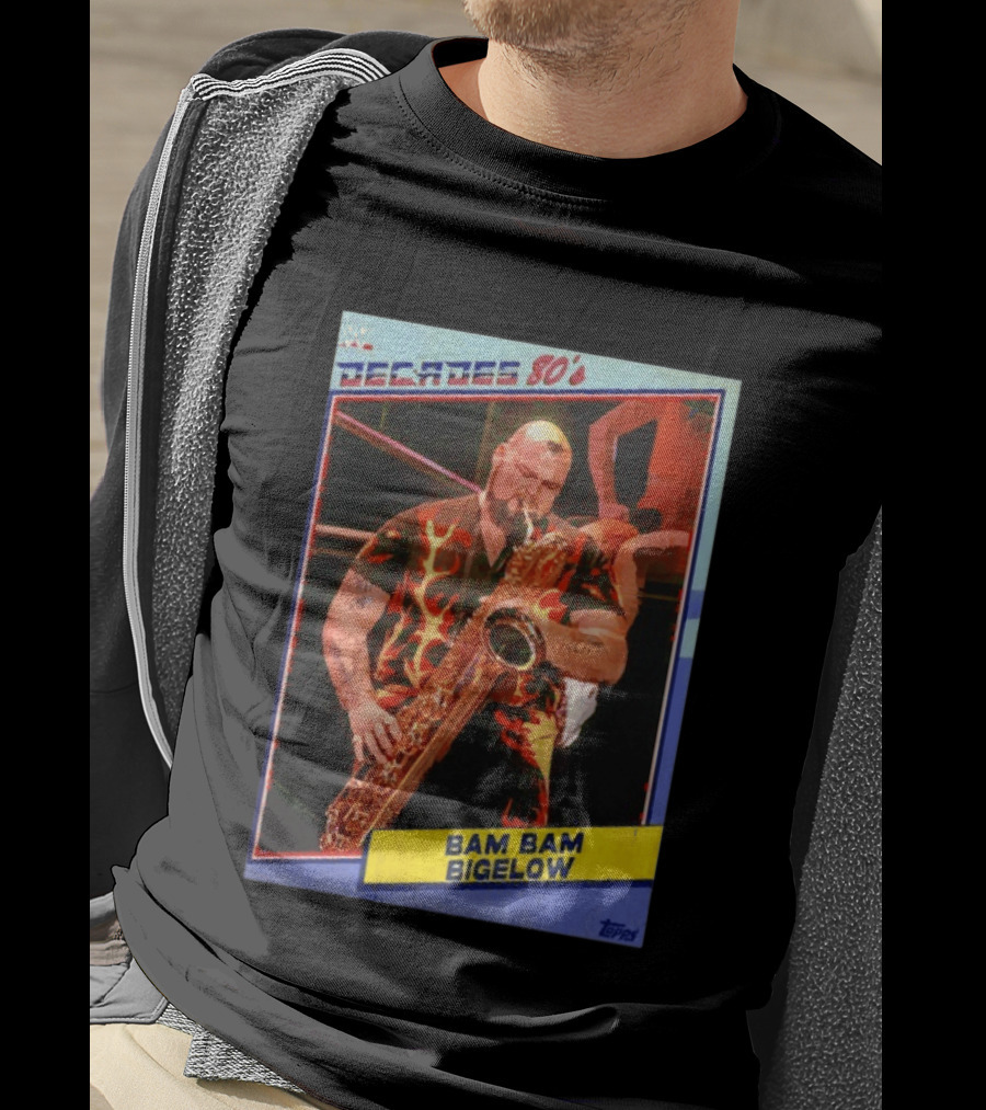 WWE Decades 80's Bam Bam Bigelow Topps Trading Card Saxophone Flame T-Shirt
