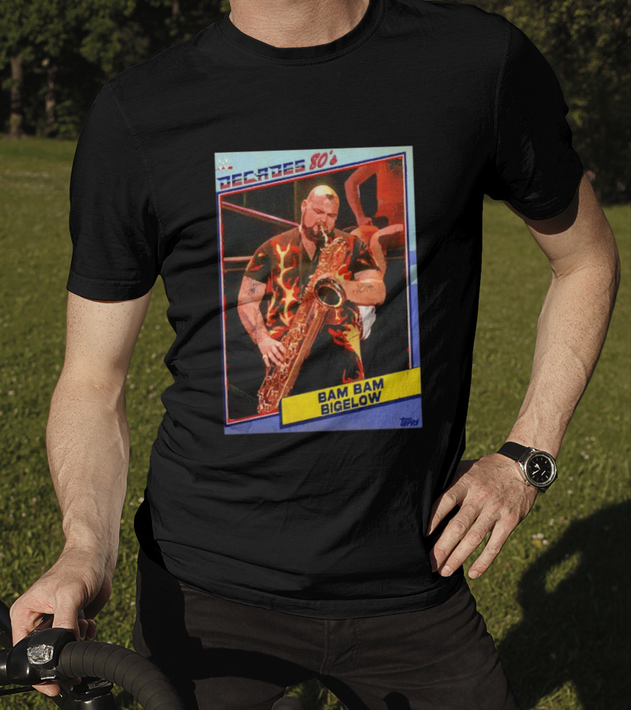 WWE Decades 80's Bam Bam Bigelow Topps Trading Card Saxophone Flame T-Shirt