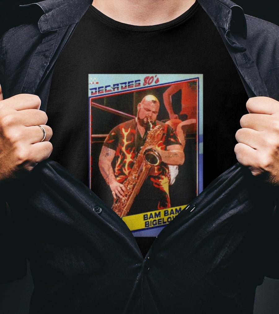 WWE Decades 80's Bam Bam Bigelow Topps Trading Card Saxophone Flame T-Shirt