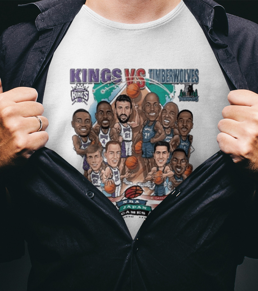 Kings Vs Timberwolves NBA Japan Games Tokyo 1999 Player Caricatures Basketball Showdown T-Shirt