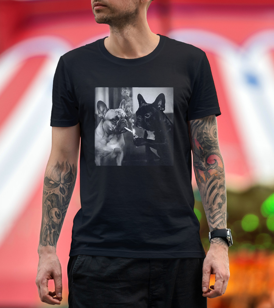Frenchie Buddies French Bulldog Smoking Cigarette Meme Black And White Humor Duo T-Shirt