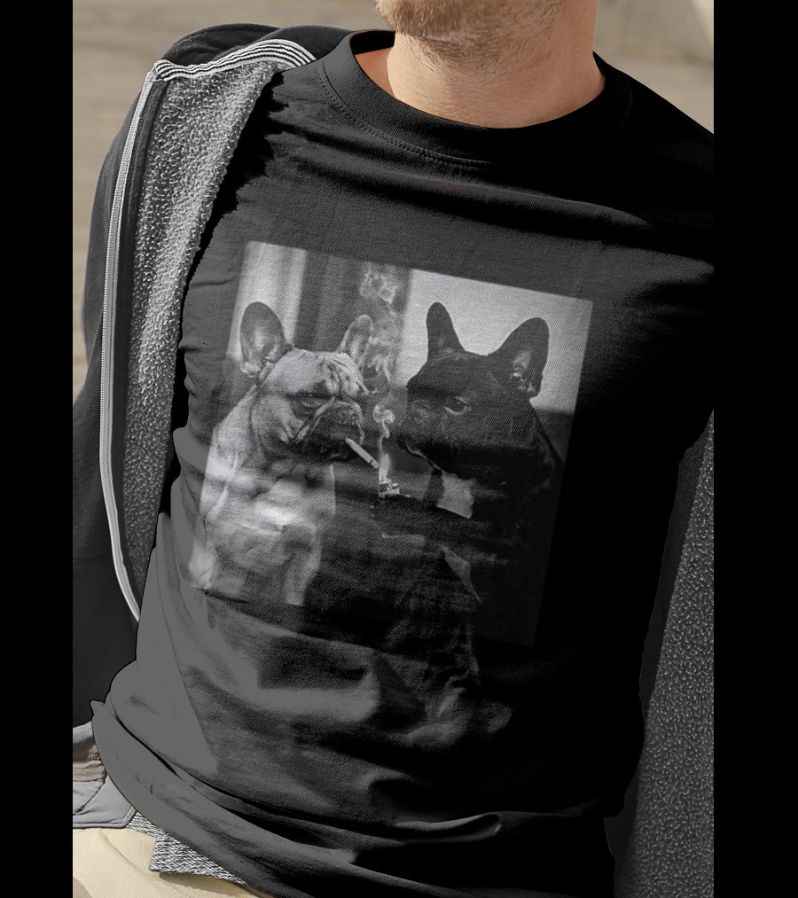 Frenchie Buddies French Bulldog Smoking Cigarette Meme Black And White Humor Duo T-Shirt