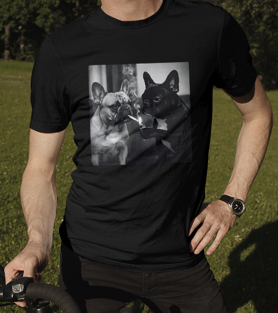 Frenchie Buddies French Bulldog Smoking Cigarette Meme Black And White Humor Duo T-Shirt