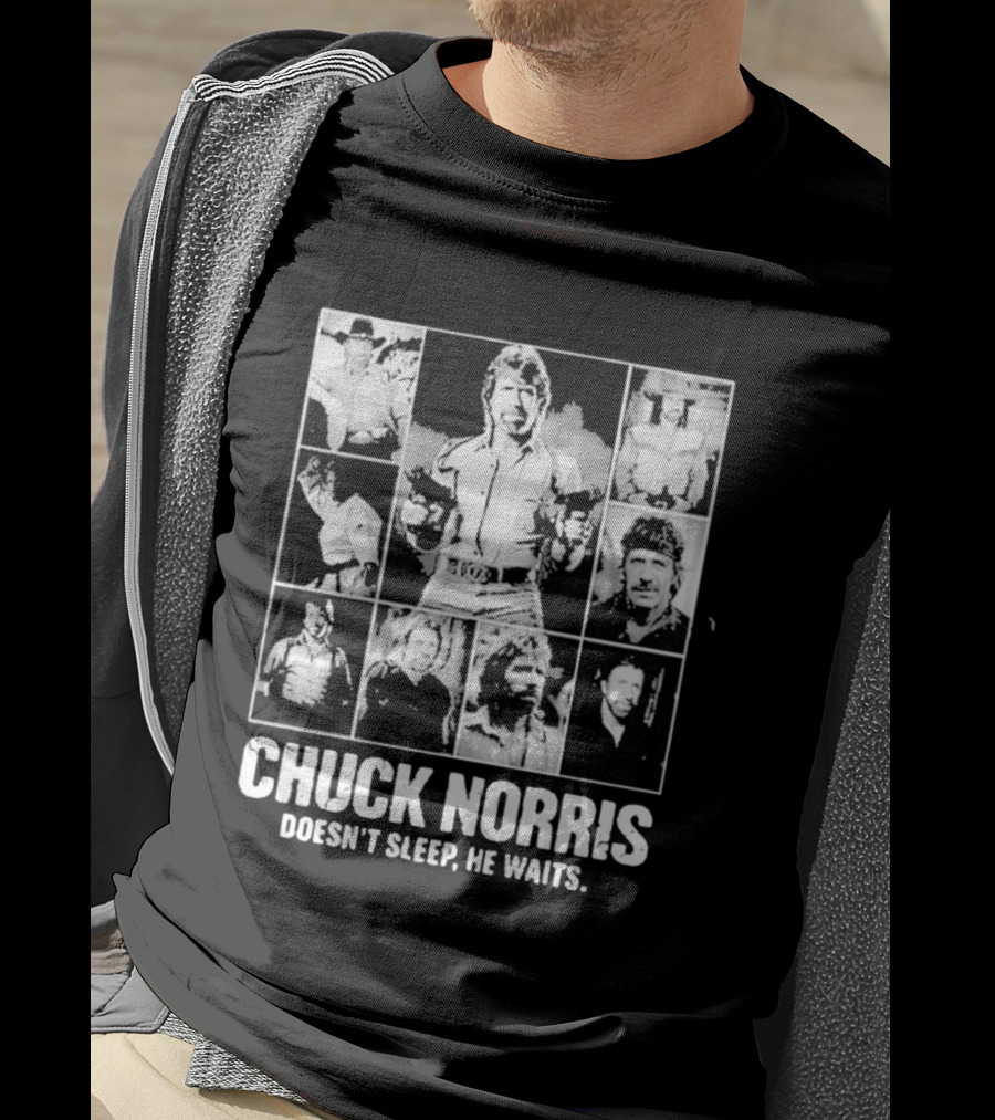 Chuck Norris Doesn't Sleep He Waits Iconic Photos Collage T-Shirt