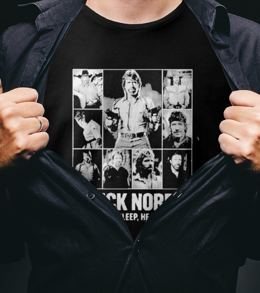 Chuck Norris Doesn't Sleep He Waits Iconic Photos Collage T-Shirt