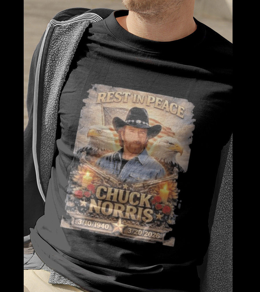Rest In Peace Chuck Norris With Bald Eagles American Flag And Candles T-Shirt