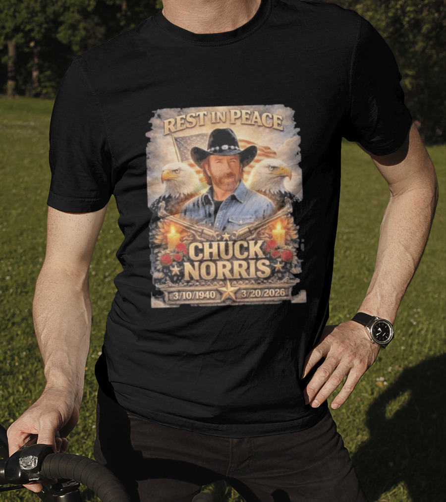 Rest In Peace Chuck Norris With Bald Eagles American Flag And Candles T-Shirt