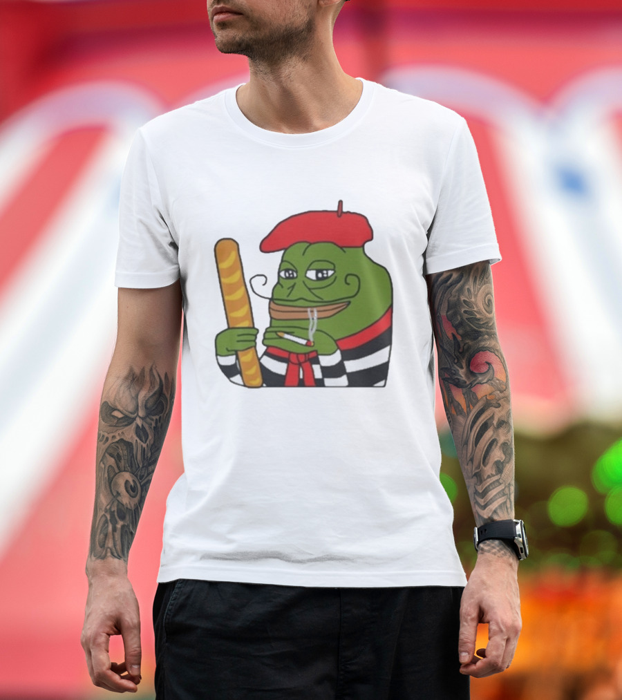 S French Pepe With Baguette And Cigarette Beret Comedy Meme T-Shirt