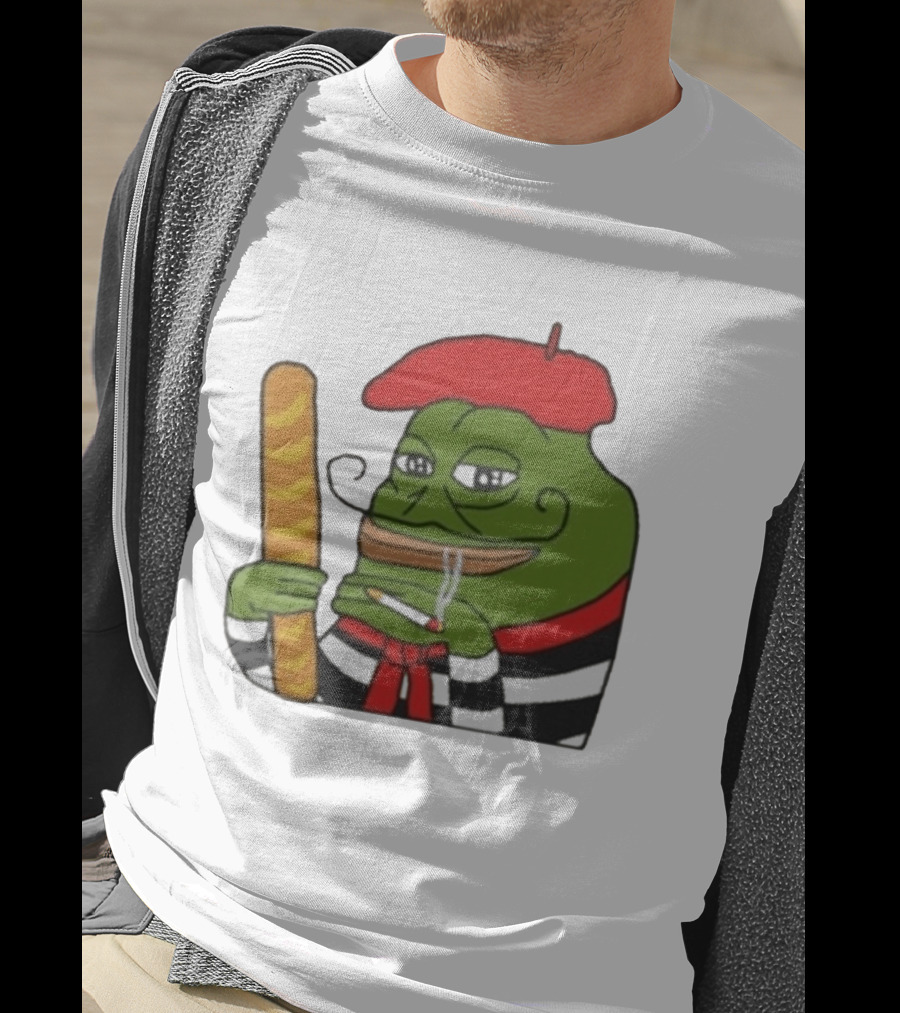 S French Pepe With Baguette And Cigarette Beret Comedy Meme T-Shirt