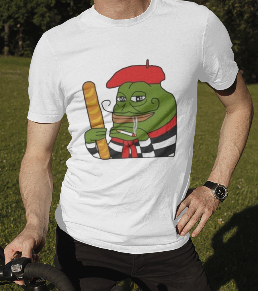 S French Pepe With Baguette And Cigarette Beret Comedy Meme T-Shirt