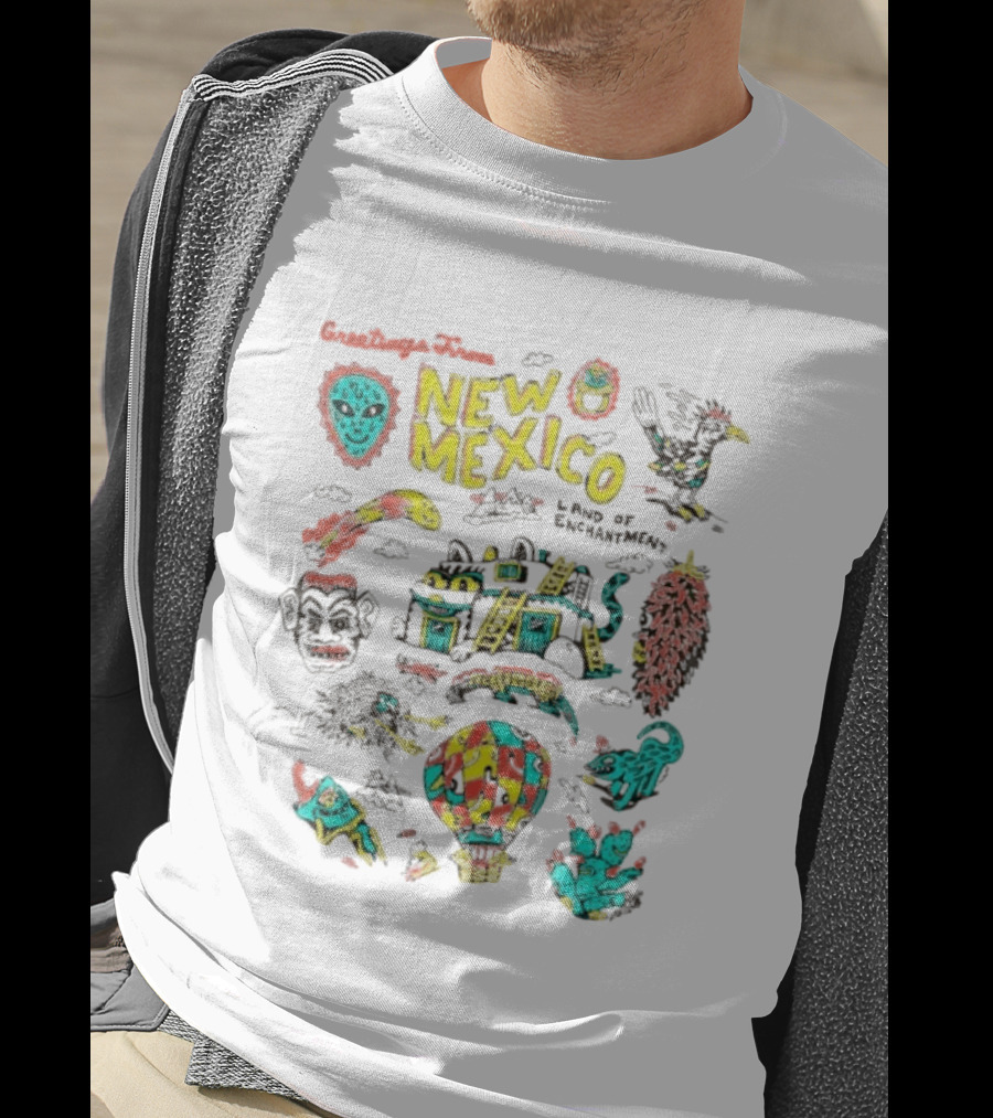 Greetings New Mexico Land Of Enchantment Colorful Southwest Symbols Hot Air Balloon Cactus And Traditional T-Shirt