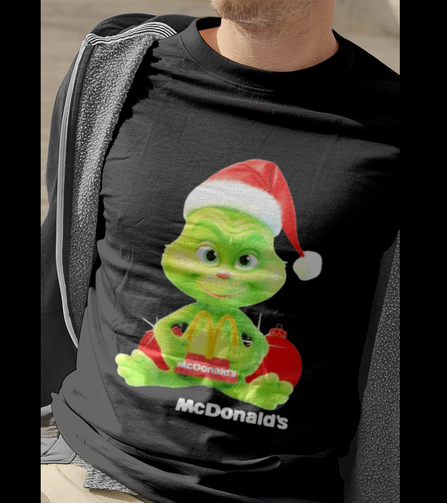 Santa Baby Grinch McDonald's Holding Happy Meal With Santa Hat And Gift Bags T-Shirt