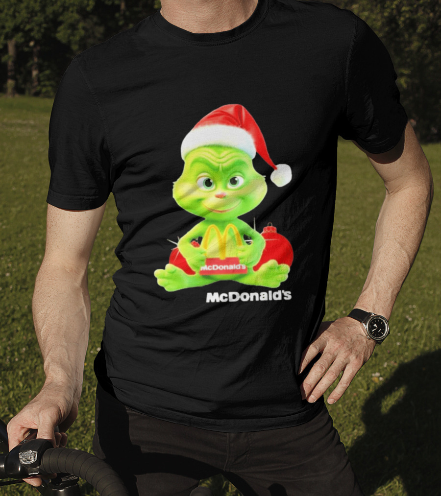 Santa Baby Grinch McDonald's Holding Happy Meal With Santa Hat And Gift Bags T-Shirt