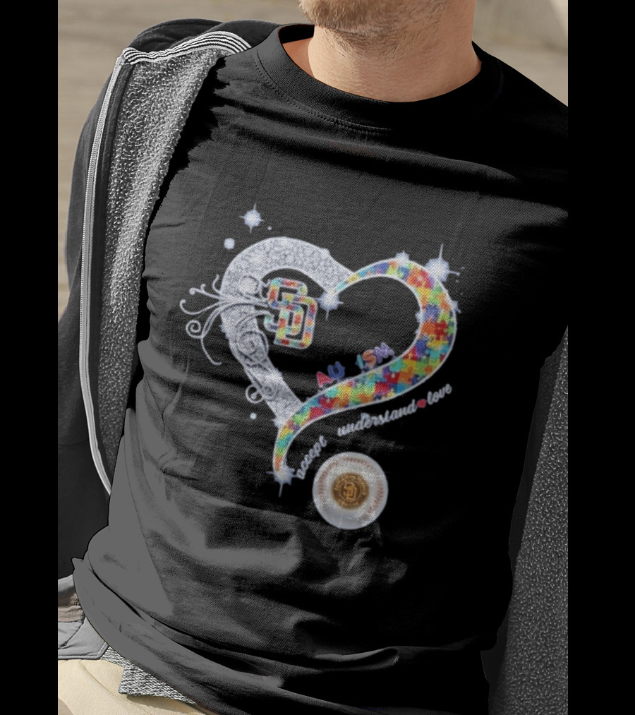 San Diego Baseball Heart Autism Accept Understand Love Puzzle T-Shirt