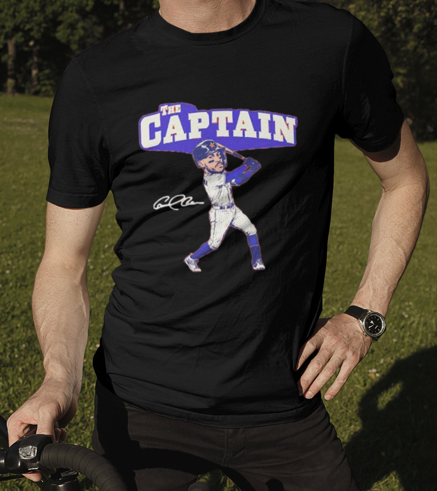 The Captain Carlos Correa Caricature Baseball Player Swinging Bat With Signature T-Shirt